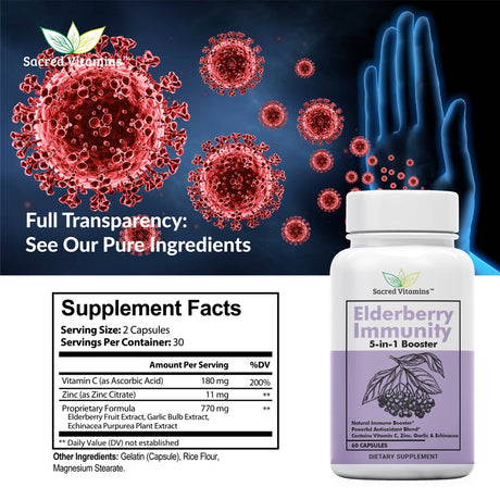 Premium Elderberry Immune Support Supplement - Immune Booster for Adults with Vitamin C, Elderberry, & Zinc - Immune System Booster, Packed with Antioxidants for Overall Wellness (2-Pack)