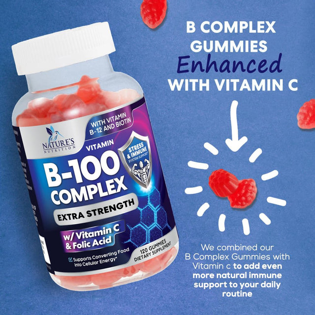 Super B Complex Gummies with Vitamin C & Folic Acid, Extra Strength Vitamin B Gummy Supplement with Niacin, B6, Folic Acid, B12, Biotin, Nature'S Energy Immune Support Supplements - 120 Gummies