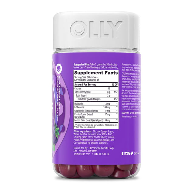 OLLY Sleep Gummy Supplement, 3Mg Melatonin, L Theanine, Chamomile, Blackberry, 90 Ct