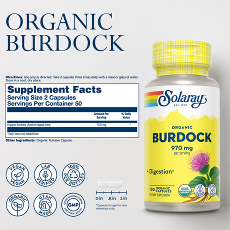 Solaray Organic Burdock Root 970 Mg - Digestive Support Supplement - USDA Burdock Root Organic - Vegan, Lab Verified, 60-Day Money-Back Guarantee - 50 Servings, 100 Organic Capsules