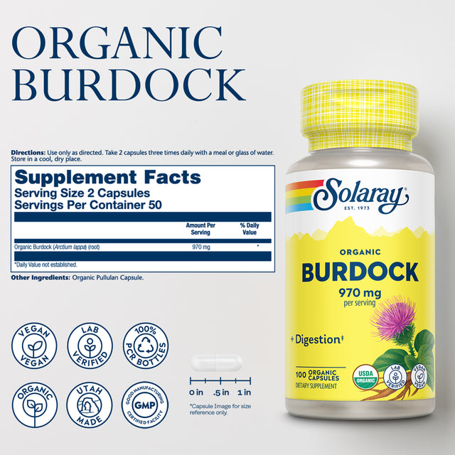 Solaray Organic Burdock Root 970 Mg - Digestive Support Supplement - USDA Burdock Root Organic - Vegan, Lab Verified, 60-Day Money-Back Guarantee - 50 Servings, 100 Organic Capsules