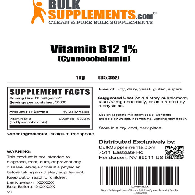 Bulksupplements.Com Vitamin B12 1% (Cyanocobalamin) Powder - B12 Vitamins - Cyanocobalamin B12 - Energy Vitamins - B12 Powder (1 Kilogram)