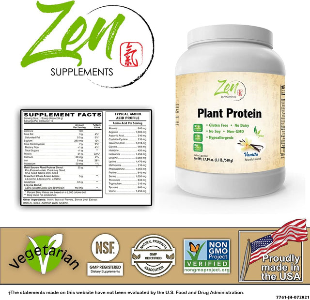 Plant Protein-Vanilla 510G 1.1Lb-Powder- 25 Grams of Protein per Serving -Vegan, Low Net Carbs, Non Dairy, Gluten Free, Lactose Free, No Sugar Added, Soy Free, Kosher, Non-Gmo