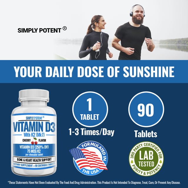 Vitamin D3 2000IU + Vitamin K2 75MCG, Cherry Flavored Vitamin D3 K2, Chewable Alternative to Softgels, Gummies, Capsules or Pills for Calcium Absorption, Heart, Bone, Teeth, Mood & Immune, 90 Tablets