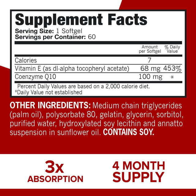 Qunol Coq10 100Mg Softgels Ultra 3X Better Absorption Coenzyme Q10 Supplements - Antioxidant Supplement for Vascular and Heart Health & Energy Production - 4 Month Supply - 60 Count (Pack of 2)