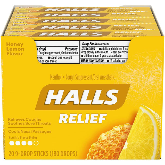 HALLS Relief Honey Lemon Cough Drops,20 Packs of 9 Drops (180 Total Drops)