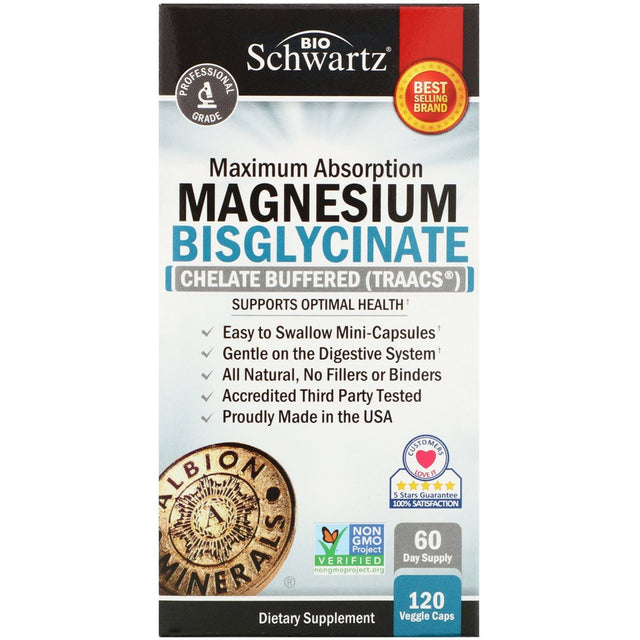 Bioschwartz Magnesium Bisglycinate 100% | Maximum Absorption | Health and Muscle Support | 180 Ct