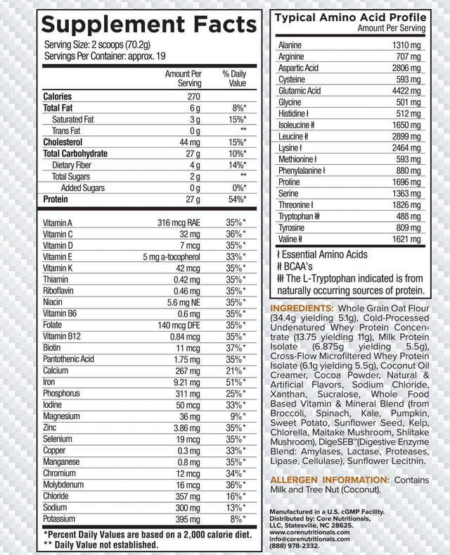 Core Nutritionals Platinum MRP Full Spectrum Meal Replacement, Sustained Release for All Day Amino Acid Support, 27G Protein, 20 Servings (S'Mores)