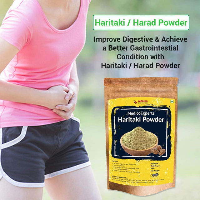 Medicoexperts Haritaki Powder Organic - 100 GMS | 100% Pure Harde Powder | Kadukkai Powder | Harad Powder | Inknut Powder for Dark Circles, Face, Skin & Healthy Digestion