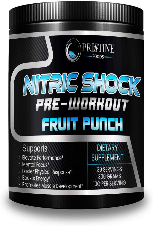 Nitric Shock Pre-Workout Powder - Nitric Oxide Booster Supplement, Promotes Muscle Growth, Tissue Repair, Endurance & Energy Booster - 300 Grams, by Pristine Foods