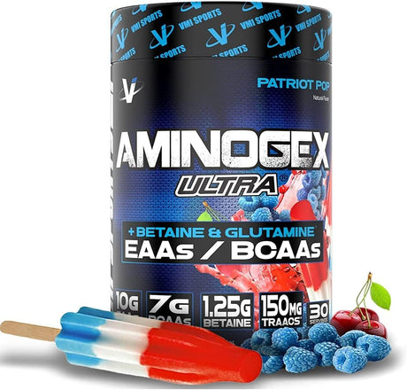 VMI Sports Aminogex Ultra | BCAA Powder | Amino Acids + Betaine and Glutamine | Amino Acid Post Workout Recovery Drink | Intra Workout Drink with Electrolytes | (30 Servings) (Patriot Pop)