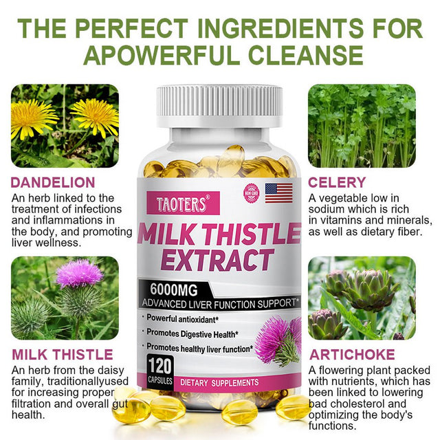 TAOTERS Milk Thistle Extract 6000 Mg Softgels, Advanced Liver Support, with Dandelion and Artichoke...-60Capsules