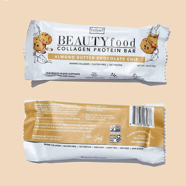 Kalumi Beautyfood Collagen Protein Bars | Almond Butter Chocolate Chip, 9-Count Box | 8000Mg Collagen, 13G Premium Protein | Gluten-Free Protein Bars, MCT Brain Boost