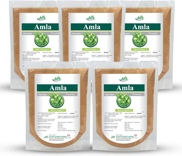 Jain'S Amla Powder 100 Gram (Pack of 5) - Indian Ayurveda'S Pure Natural Herbal Supplement Powder