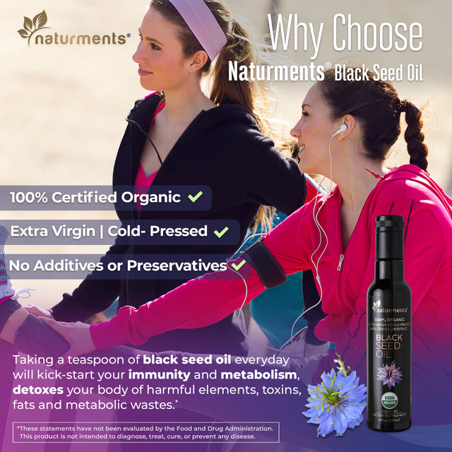 Naturments Premium Black Seed Oil USDA Certified 100% Organic Cold Pressed for Potency Non-Gmo Vegan Gluten Free Cruelty Free Nigella Sativa Oil for Immune Joints Digestion Hair & Skin 8Oz