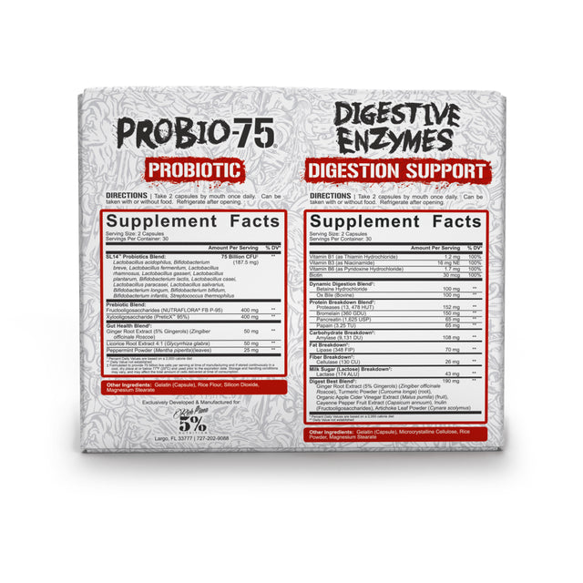 5% Nutrition Rich Piana | Probio-75 & Digestive Enzymes Digestion Supplement | Digestive Enzymes with Probiotics and Prebiotic Fiber 120 Gelatin Capsules (30 Svgs)