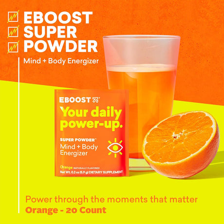 EBOOST Energy Drink & Electrolyte Powder, 20 Packets - Super Powder Orange with No Added Sugar - Essential Blend of Vitamins, Nootropics & Natural Caffeine and Hydration - Pre & Post Workout