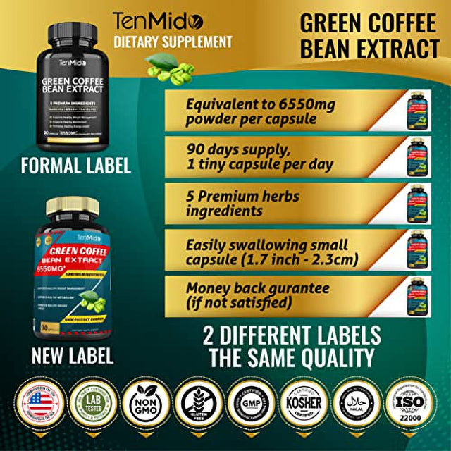 Tenmid Green Coffee Bean Extract 6550Mg 90 Capsules Garcinia, Olive, Green Tea, Kidney, Pepper