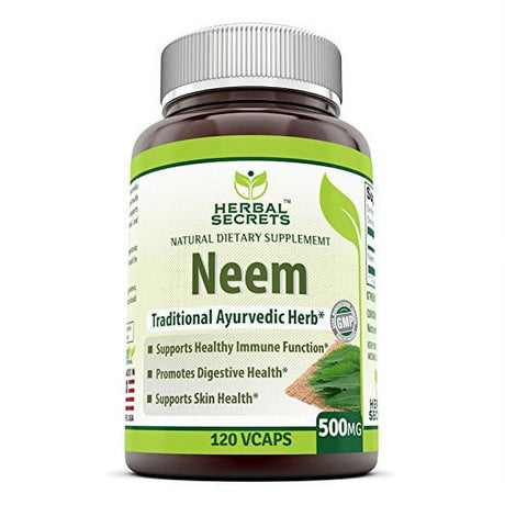 Herbal Secrets Neem (Made with Natural Neem Leaf) | 500Mg 120 Veggie Capsules Supplement | Non-Gmo | Gluten Free | Made in USA | Ideal for Vegetarians