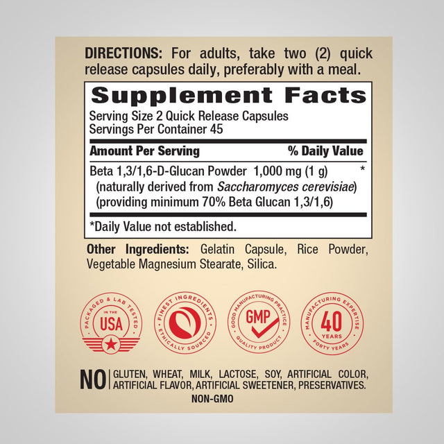 Beta Glucan 1,3D | 1000Mg 90 Capsules | Beta 1,3, 1,6D Glucan | Non-Gmo, Gluten Free Supplement | by Piping Rock