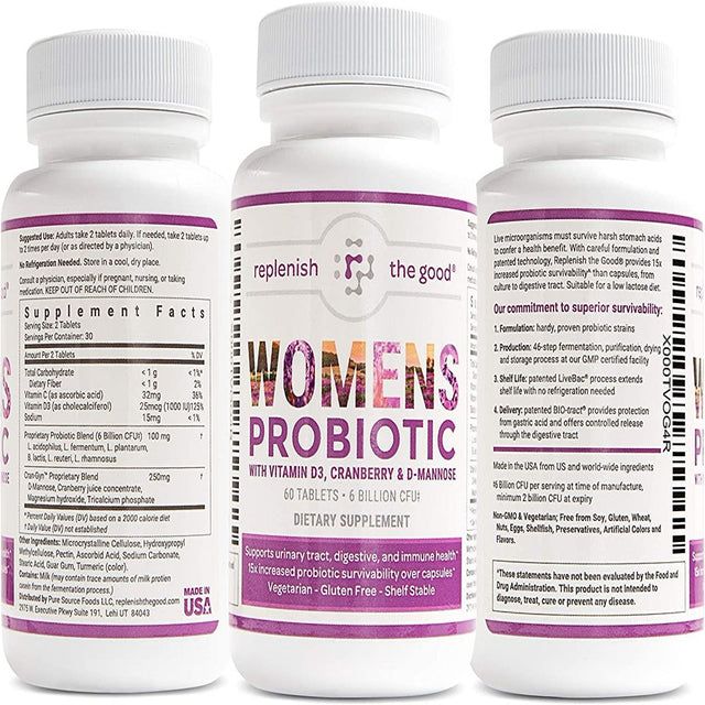 Replenish the Good Women'S Probiotic , Vegan Supplement W/Vitamin D3, Cranberry & D-Mannose , Supports Urinary Tract, Digestive & Immune Health , Fights Yeast & UTI , 60 Sugar-Free Tablets