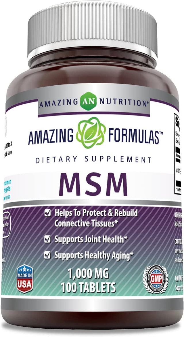 Amazing Formulas MSM (Methylsulfonylmethane) Dietary Supplement 1000Mg, 100 Tablets (Non-Gmo, Gluten Free) per Bottle - Promotes Joint Health, Detoxification, Supports Healthy Hair, Skin and Nails