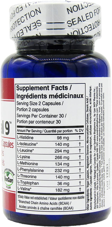 All 9 Essential Amino Acids. Sunshine Biopharma Offers the Ideal Essential Amino Acids Formulation as Tablets for General Wellness, Endurance, Improved Mood and Performance. Vegan Certified