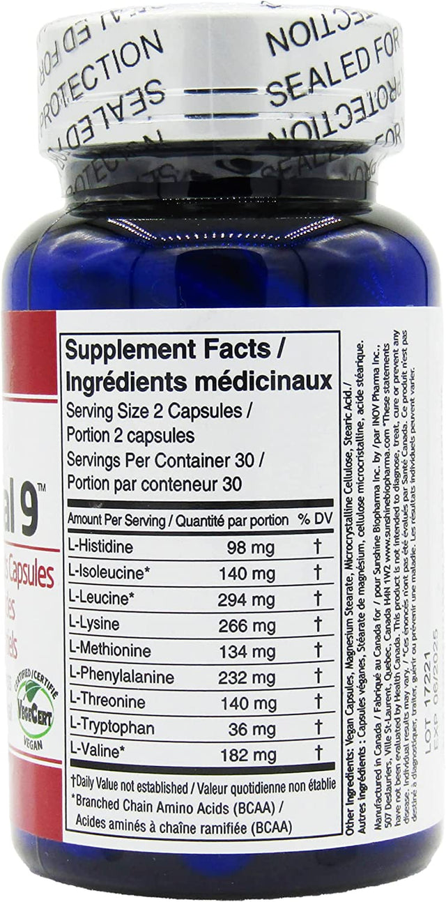 All 9 Essential Amino Acids. Sunshine Biopharma Offers the Ideal Essential Amino Acids Formulation as Tablets for General Wellness, Endurance, Improved Mood and Performance. Vegan Certified