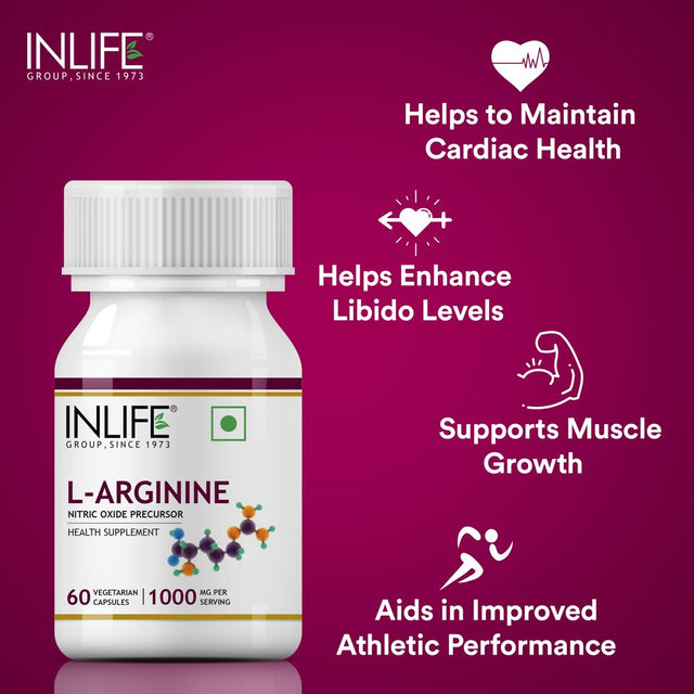 INLIFE L-Arginine 1000Mg Supplement (Pack of 60 Vegetarian Capsules) Serving, Nitric Oxide Precursor