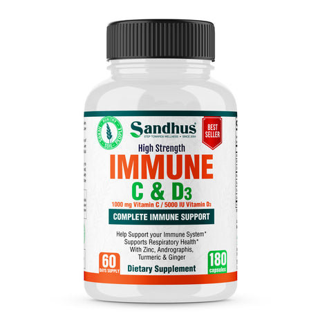 Sandhu'S High Strength Immune C & D3 Supplement Capsules, Complete Immune Support, 1000Mg, 180 Ct