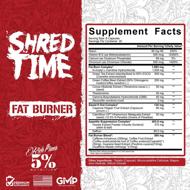 5% Nutrition Shred Time Fat Burner | Green Tea, Coffee Bean, Cayenne, Theobromine, GBB | Appetite Suppression | 30 Servings (180 Capsules)