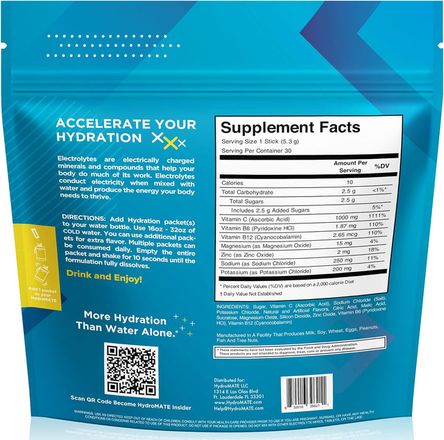 Hydromate Electrolytes Powder Packets Lemon Low Sugar Hydration Accelerator Electrolyte Drink Mix Party Favors for Fast Liquid Dehydration Relief with Vitamin C 30 Count