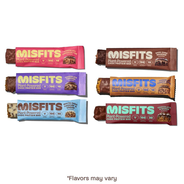 Misfits Vegan Protein Bar, Variety Pack, Plant Based Chocolate High Protein Snacks with 15G per Bar, Low Sugar, Low Carb, Gluten Free, Dairy Free, High Fiber, Non GMO, 4 Flavor 12 Pack