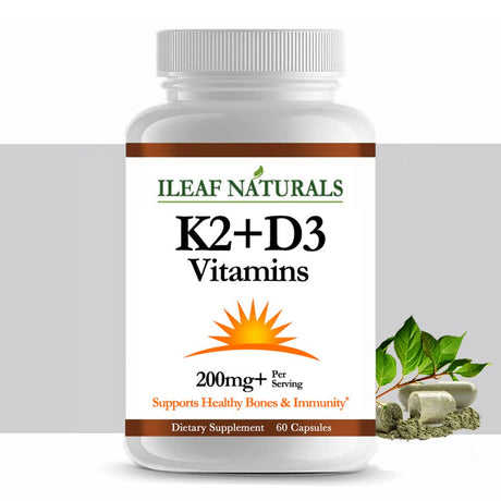 Ileaf Naturals K2 + D3 Vitamins Supplement with Bioperine® Black Pepper - 60 Veggie Capsules