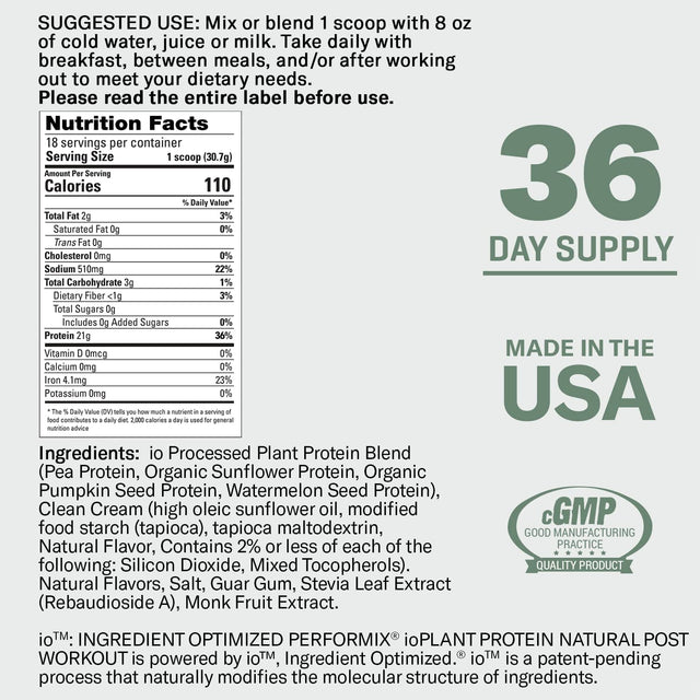 PERFORMIX Post Workout Plant-Based Protein Powder - 36 Servings - Includes Pea, Pumpkin, Sunflower, and Watermelon Protein - for Lean Muscle Growth and Build Strength Naturally - Vanilla Oat