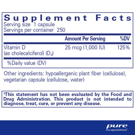 Pure Encapsulations Vitamin D3 25 Mcg (1,000 IU) | Supplement to Support Bone, Joint, Breast, Prostate, Heart, Colon and Immune Health* | 250 Capsules