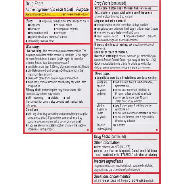 Tylenol Regular Strength Tablets with 325 Mg Acetaminophen, 100Ct