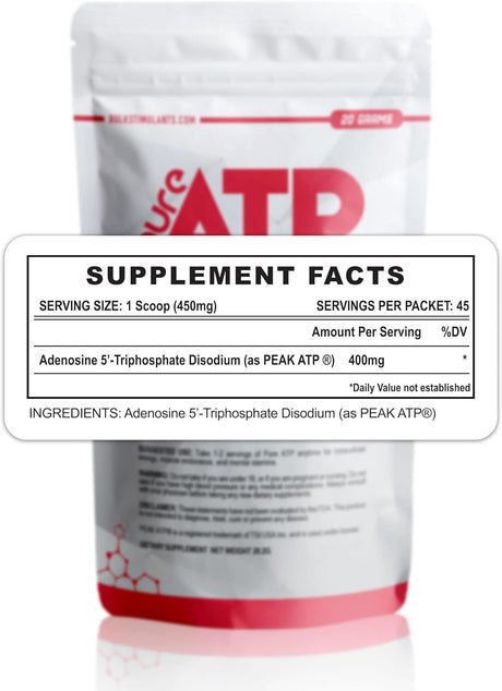 Bulkstimulants Pure ATP Adenosine Triphosphate Powder - Increase Energy, Endurance, Strength, Recovery & Muscle Pump, Faster than Creatine HMB & Nitric Oxide, Natural Pre Workout Supplement - 20 Grams