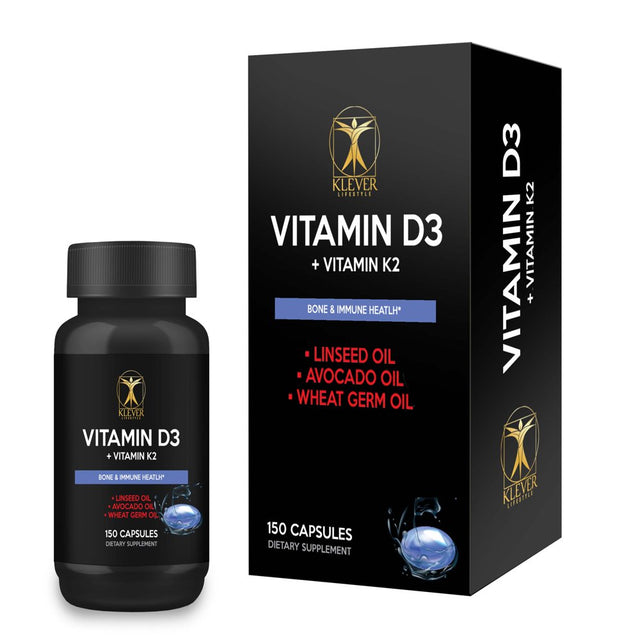 Klever Lifestyle Vitamin D3 + Vitamin K2 Supplement – 150 Capsules – Vegan Wellness Formula – Bone Health Supplement – Fights Depression and Weight Loss – Immunity Vitamins Essential Nutrients