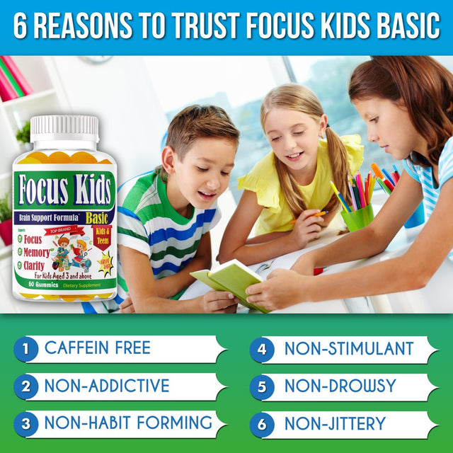 Focus Kids Kids Brain Booster Supplements Brain Focus Gummies Omega 3 for Kids Attention & Focus, Brain Booster, Memory & Concentration- 60Ct