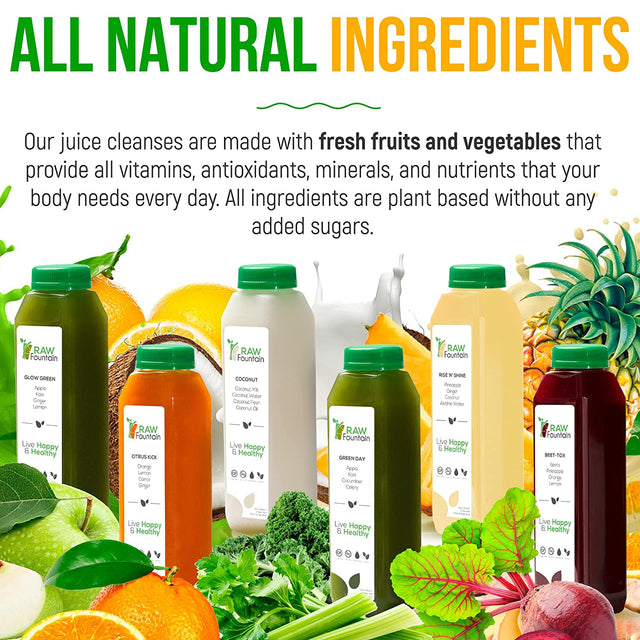 3 Day Juice Cleanse by Raw Fountain, All Natural Raw Detox Cleanse, Weight Management Program, Cold Pressed Fruit and Vegetable Juices, Tasty and Energizing, 18 Bottles 12Oz, 3 Ginger Shots