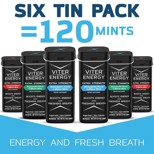 Viter Energy Extra Strength Caffeinated Mints 80Mg Caffeine, B Vitamins, Sugar Free. (Variety, 20Pcs, 6 Pack)