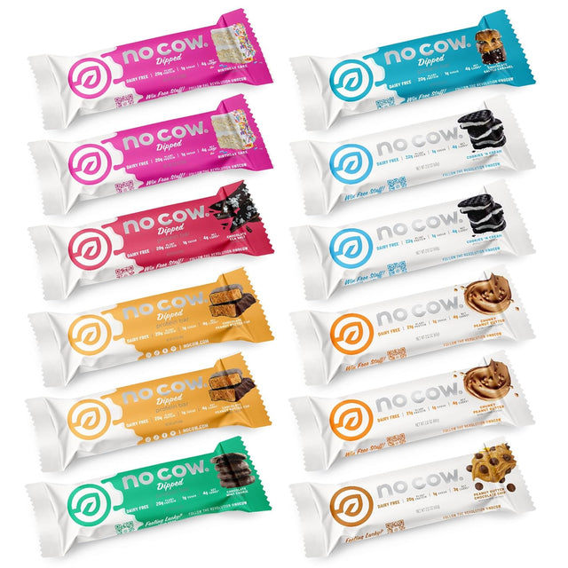 No Cow High Protein Bars, Brand Sampler Pack, 20G plus Plant Based Vegan, Keto Friendly, Low Sugar, Low Carb, Low Calorie, Gluten Free, Naturally Sweetened, Dairy Free, Non GMO, Kosher, 12 Pack