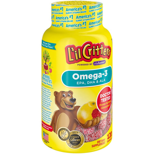 L'Il Critters Kids Omega-3 Gummy, 3 Fatty Acids, DHA, EPA and ALA. 120 Ct (60-120 Day Supply), Delicious Citrus Flavors (No Fishy Taste) from America'S Number One Kids Gummy Vitamin Brand