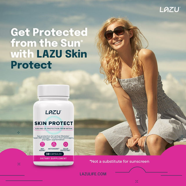 LAZU Skin Protect Enhanced Skin & Sun Protection, Photoaging & Hyper-Pigmentation, Polypodium Leucotomos Extract (PLE) 250Mg, plus Nicotinamide & Vitamins, Improved Bioavailability 30 Caps, 1 Month