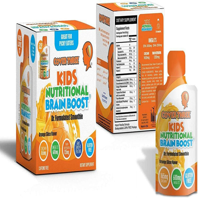 Cover Three Kids Brain Supplement Smoothie, Omega 3 Liquid Childrens DHA Fish Oil - Mental, Emotional, Physical Health - Focus and Attention, Heart, Vision Support, 20 Pouches (Orange) 6.74 Fl Oz (Pack of 1)