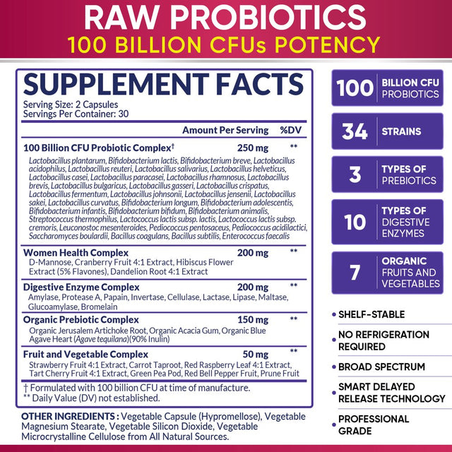 Dr. Formulated Raw Probiotics for Women 100 Billion CFU with Prebiotics, Digestive Enzymes, & UT Protection, Dr. Approved Women'S Probiotic for Adults, Shelf Stable Probiotic Supplement, 30 Capsules