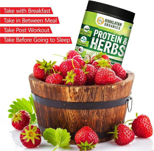 Organics Protein & Herbs, Whey Protein with Green Coffee Beans Extract, Omega 3-6-9, MCT Oil & 27 Essentials Vitamins & Minerals - 20 Servings - 0G Added Sugar (Strawberry)