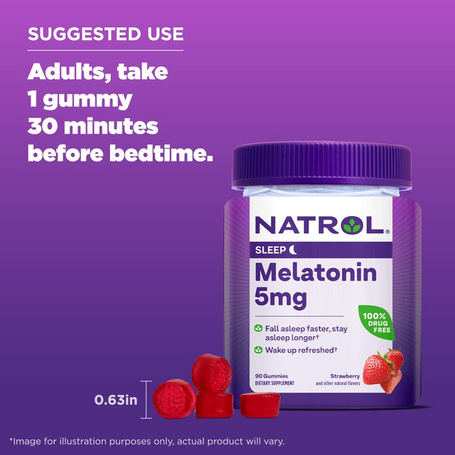 Natrol Melatonin Sleep Aid Gummies, Fall Asleep Faster, Strawberry, 5Mg, 90 Count