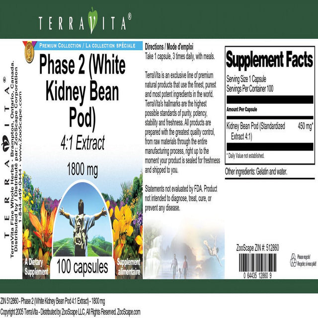 Terravita Phase 2 (White Kidney Bean Pod 4:1 Extract) - 1800 Mg, (100 Capsules, 1-Pack, Zin: 512860)